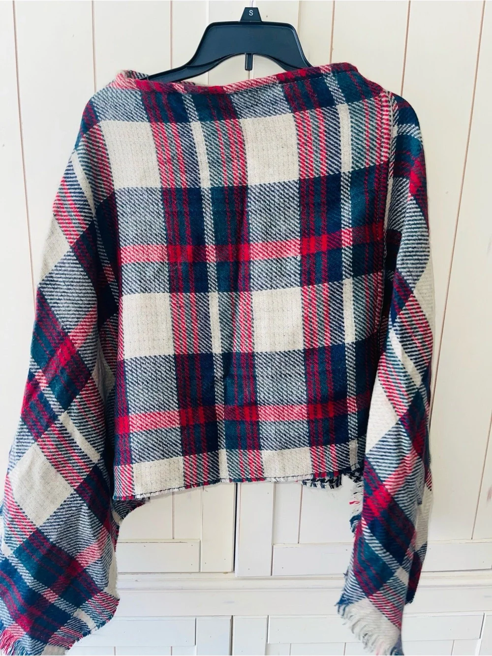 Reversible Plaid Fringe Poncho - Red, Navy & Cream Shawl O/S